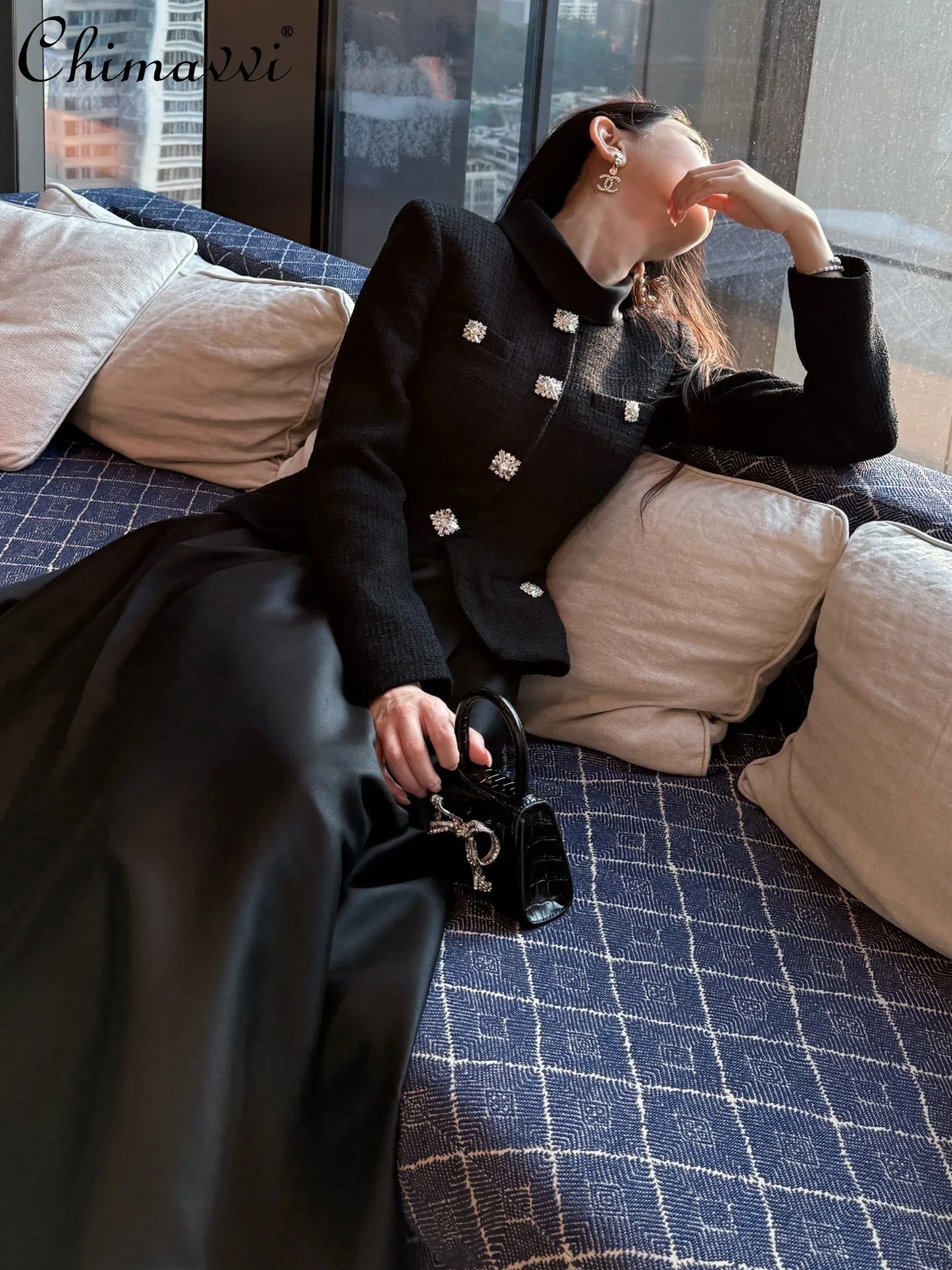 Autumn Winter High-end French Fashion Woolen Patchwork Black Long-sleeved Slim Dress High-waisted Slim Elegant Large Hem Dress