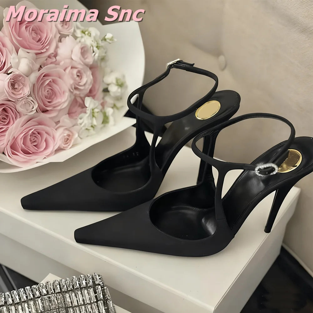 Black Satin Pointed Toe Ankle Strap Stiletto Sandals For Women