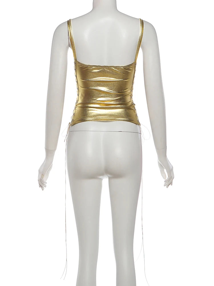 Nibber Fashion Style y2k Tops Camisole Women Summer Tops Shirring Ruched Slim Shiny Skinny Hollow Sexy Hot Chick Club Tanks Top