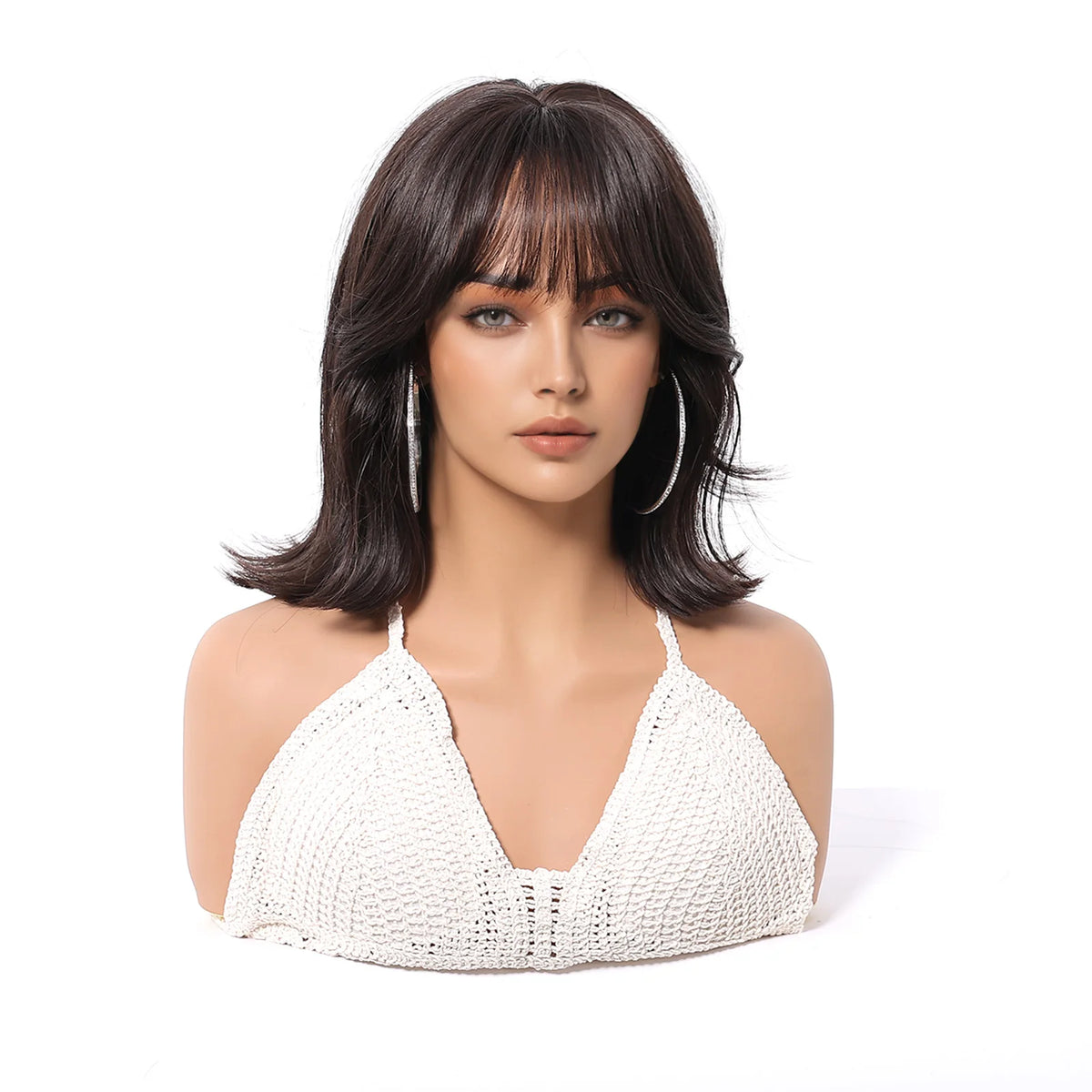 Heat Resistant Shoulder Length Straight Bob Wig With Bangs For Women