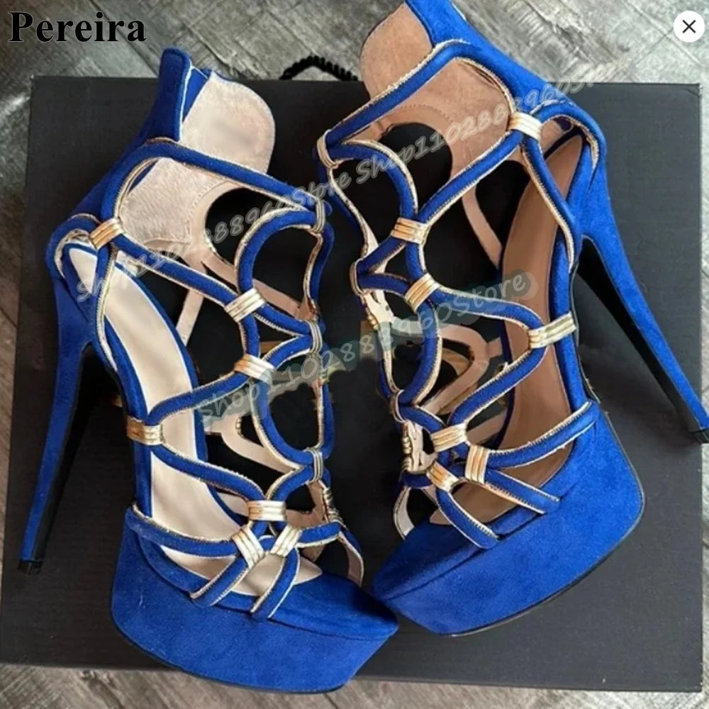 Narrow Strap Blue Flock Platform Casual Sandals Stilettos High Heel Shoes For Women Back Zipper Open Toe 2026 Zapatos Para Mujer