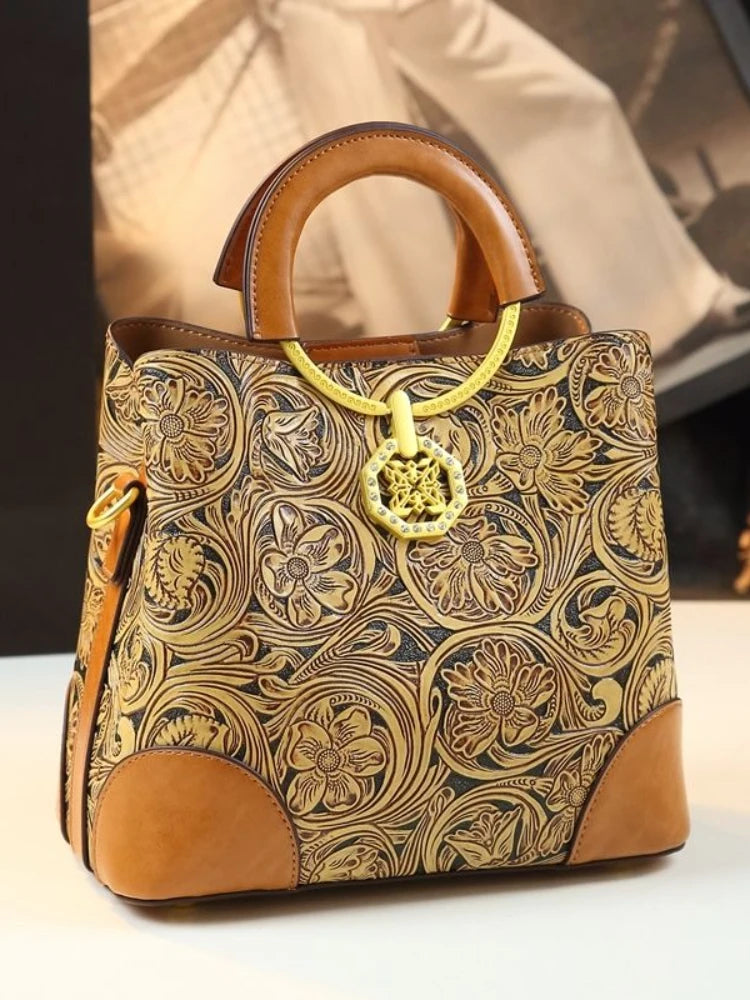 Retro Cowhine Carved Women Bag Handhold Bucket Leather Commuting Shoulder Underarm Crossbody Bags for Women