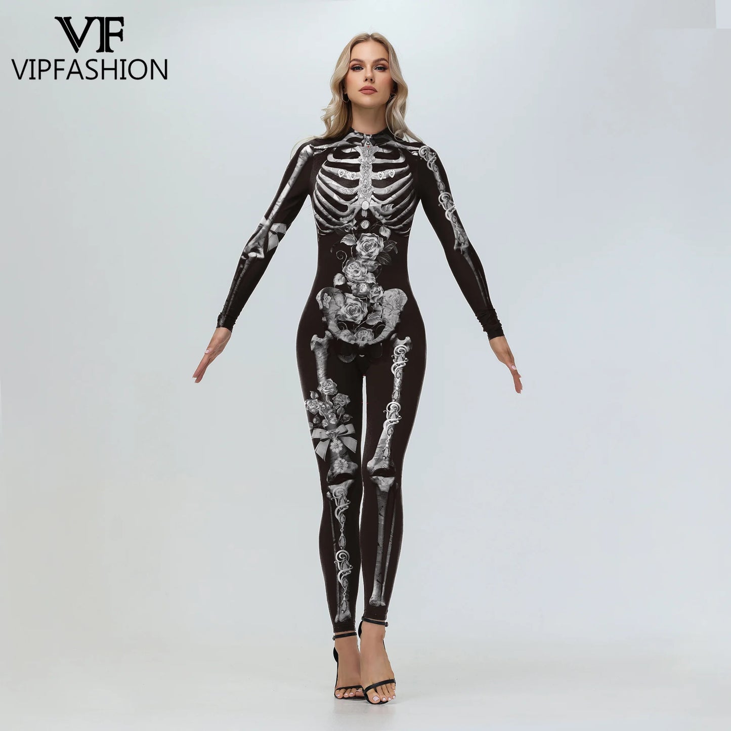 Floral Skull Halloween Skeleton Print Bodysuit for Women