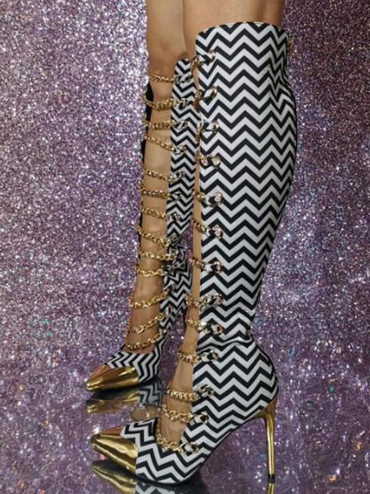 Zebra Print Pointed Toe Chain Strap Knee High Boots for Women