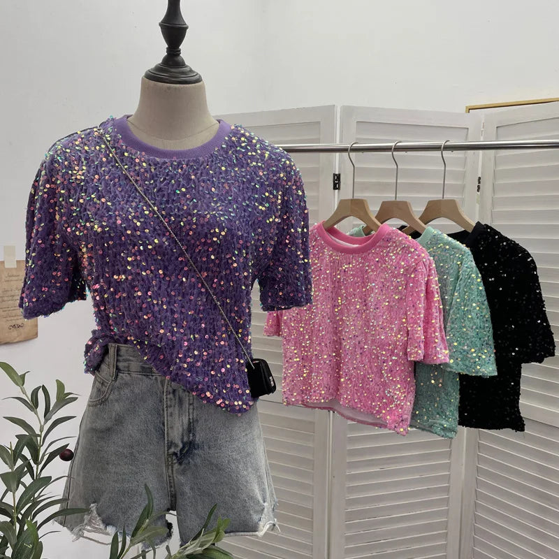 Spicy Girl Pink Sequins Short Sleeve T-shirt Round Neck Slimming Crop Top Blingbling Sexy Nightclub Multi Color Casual Tees