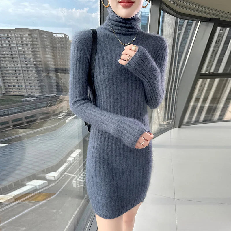 High Neck Slim Fit Stretch Knit Mini Dress for Women