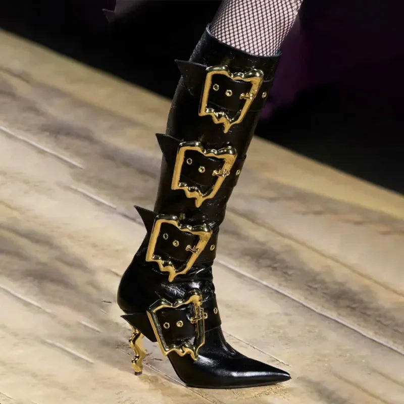 Shiny Metal Belt Buckle Side Zip Knee-High Boots for Women