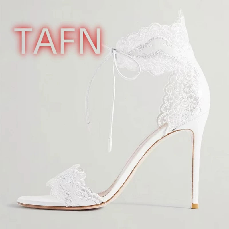 White Bridal Lace Up Open Toe Heeled Sandals for Women
