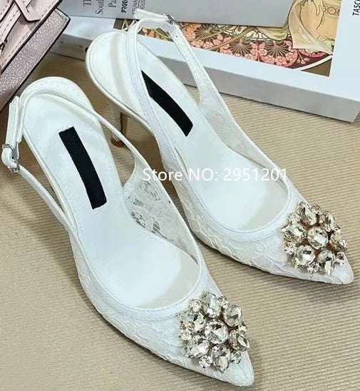 Pink Floral Print Rhinestone Slingback Dress Pumps High Heels For Women