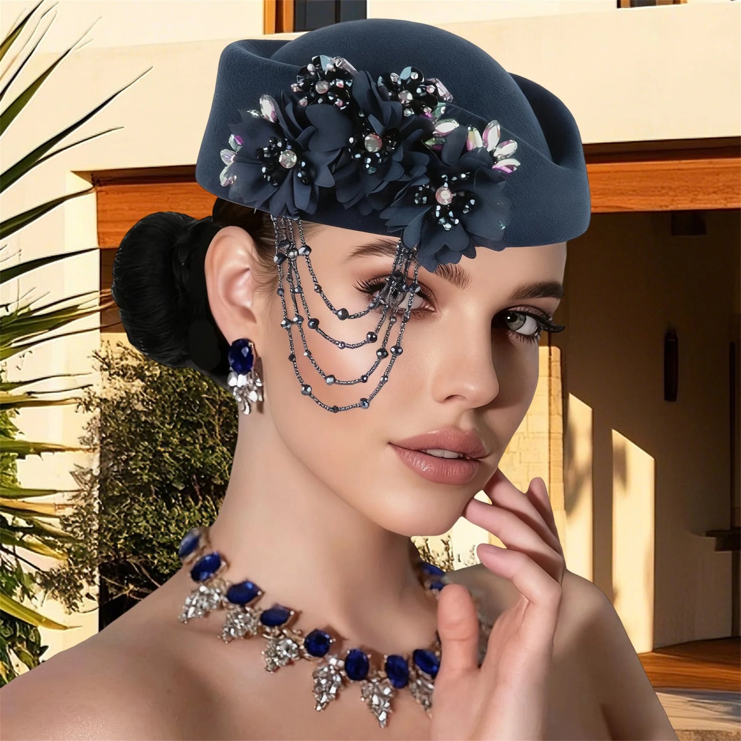 Retro British Beret With Floral Rhinestone Decor For Women