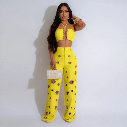 Halter Hollow Out Crop Top and Wide Leg Pants Set for Women