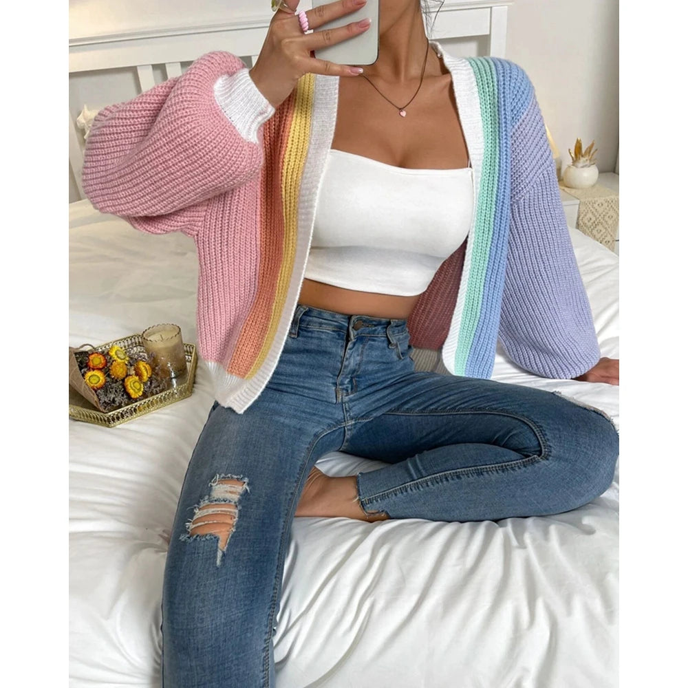 Autumn Women Rainbow Open Stitch Sweater Knitted Cardigan Fashion Long Sleeve Colorblock Striped Longline Casual Long Coat