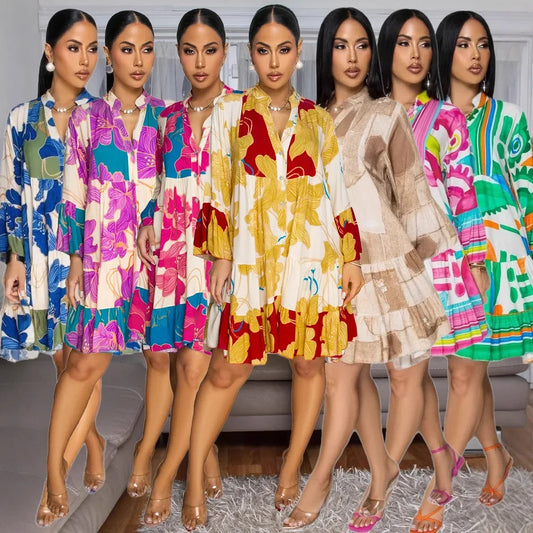 Dashiki African Dresses for Women Summer Elegant African Long Sleeve V-neck Printing Party Evening Dress Outfits Ankara Dresses