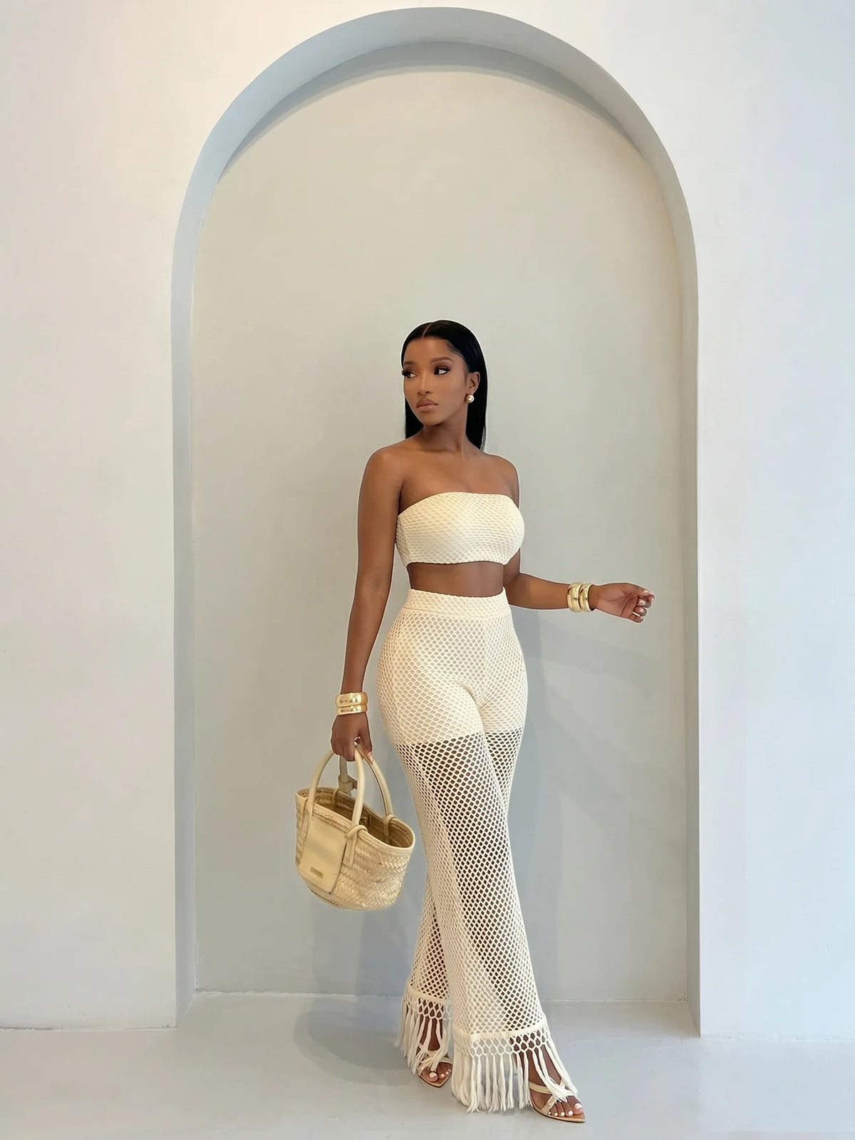 Crochet Bandeau Top and Tassel Wide Leg Pants Set for Women