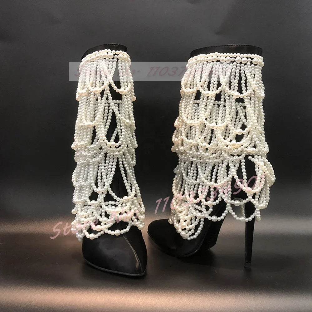 Mid Calf Pointed Toe Zip Satin Pearl Chain Black Boots for Women