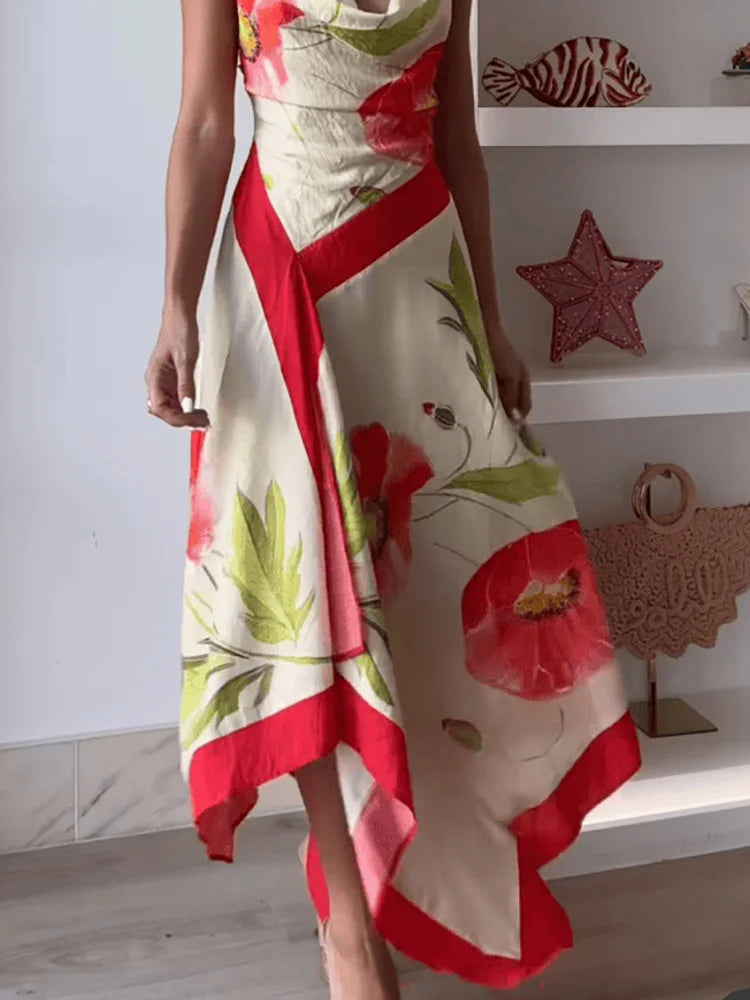 Irregular Off Shoulder Women's Holiday Dress Woman Fashion Sleeveless Beach Maxi Dress Summer Sexy Suspender Printed Long Dress