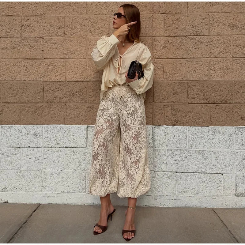 Bohemian Lace Trim Elastic Waist Lounge Pants for Women