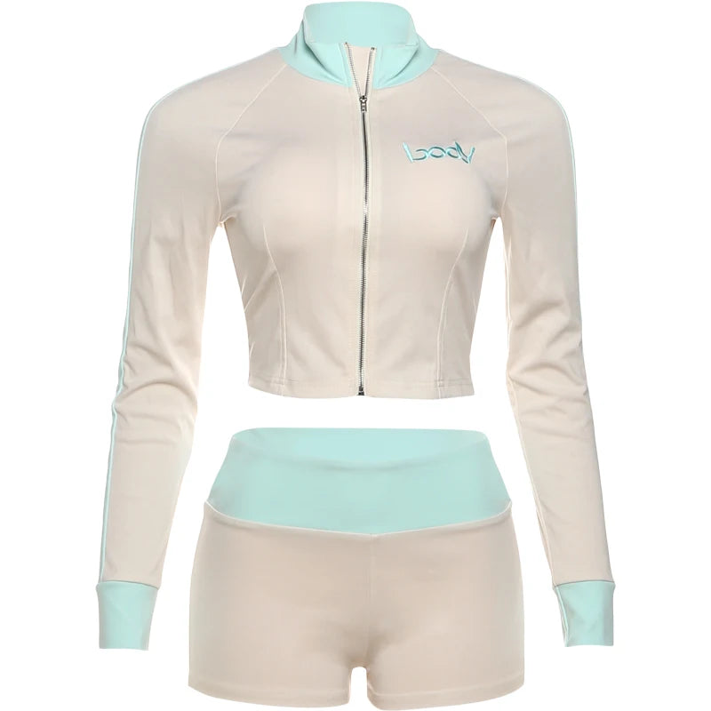 Sisterlinda Casual Sporty 2 Piece Set Women Letter Embroidery Zip Navel Exposed Jacket+Contrast Patchwork Shorts Simple Outfits