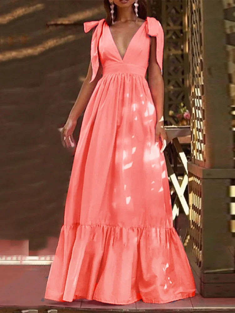 Elegant Backless V-Neck Ruffle Maxi Party Dress for Women