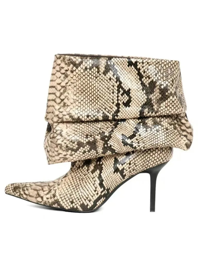 Pointed Toe Pleated Snakeskin Stiletto Mid-Calf Boots For Women