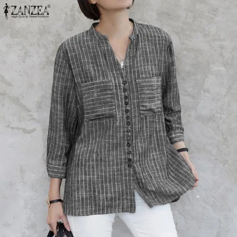 ZANZEA Fashion Stripe Printed Shirt Summer  3/4 Sleeve V-Neck Blouse Female Casual Blusas Mujer Woman Elegant Loose Korean Tops