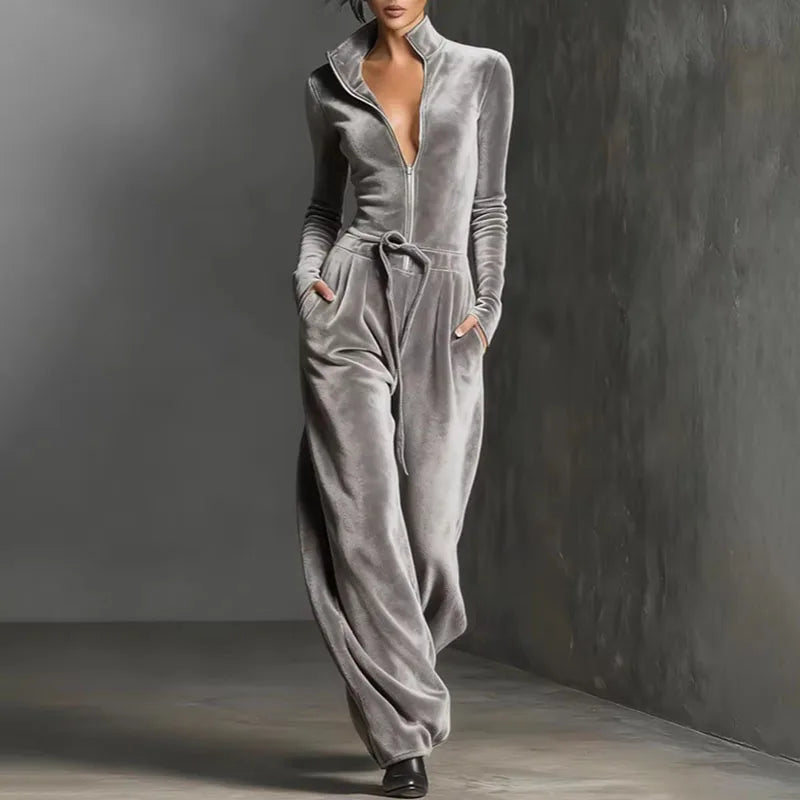 Retro Velvet Half-Zip Jumpsuit With Drawstring Waist for Women