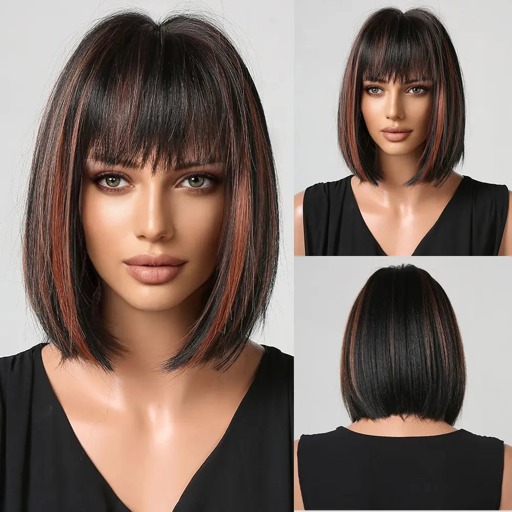 Heat Resistant Wine Red Bob Wig With Thick Bangs for Women