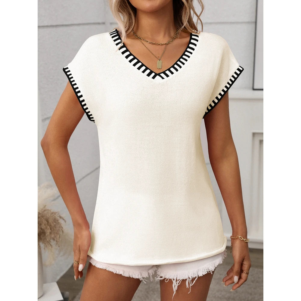 2025 Summer Women's Striped Ribbed Knitted V Neck Short Sleeve T-Shirts Femme Fashion Colorblock Casual Tops Streetwear