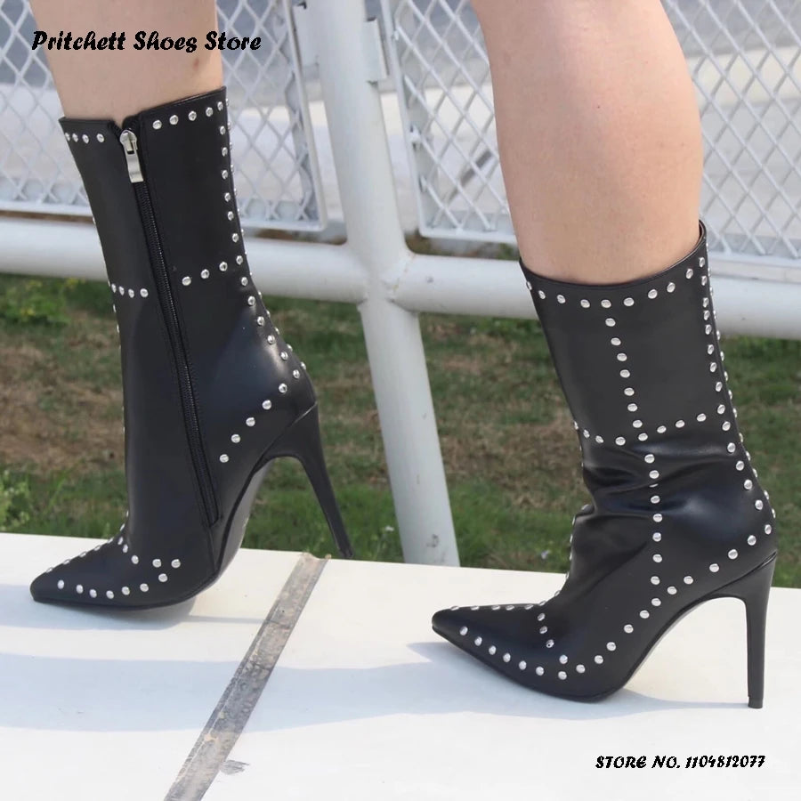 Studded Leather Pointed Toe Ankle Booties For Women