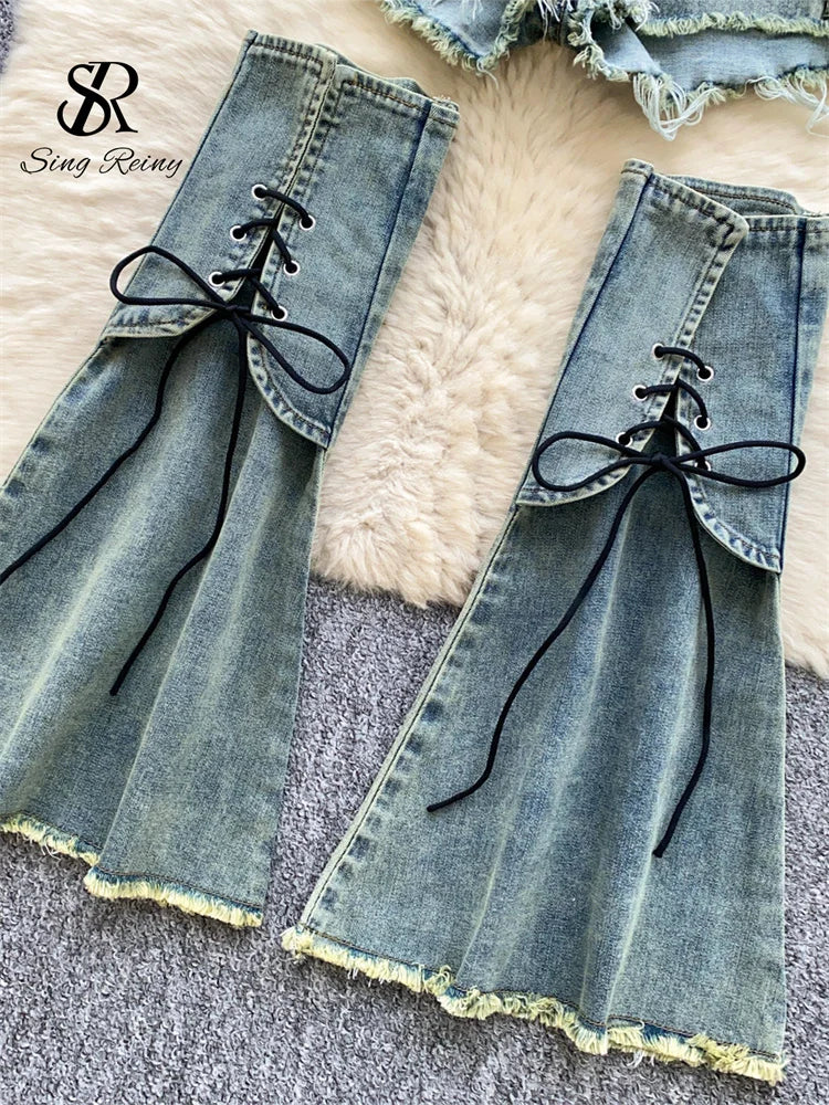 Edgy Summer Denim Three Piece Set With Shorts for Women
