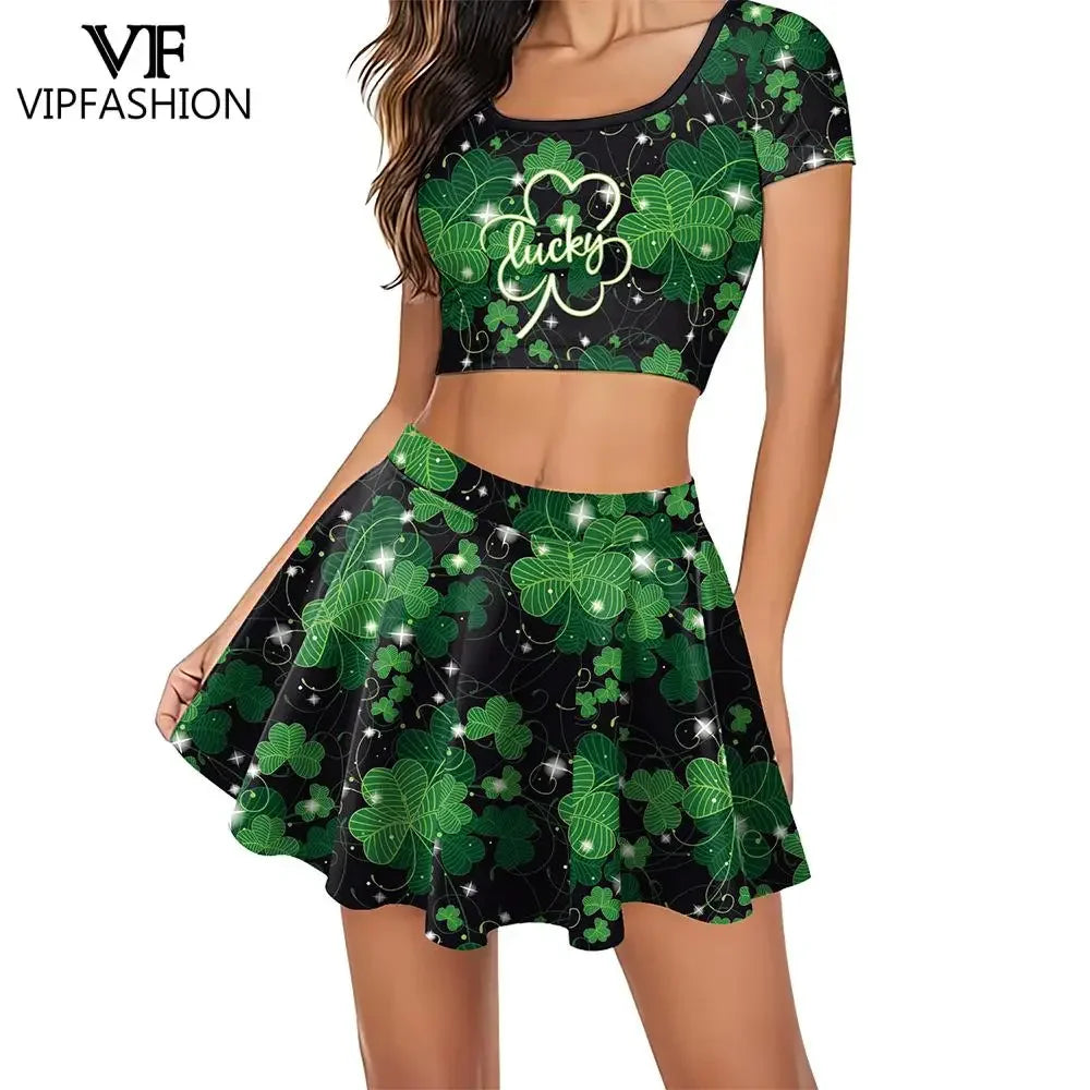 Festive Irish Green Shamrock Plaid Knit Skirt Set for Women