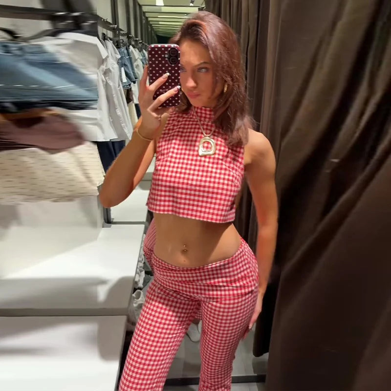 Casual Plaid Vest And Pleated Pants Set Beachwear for Women