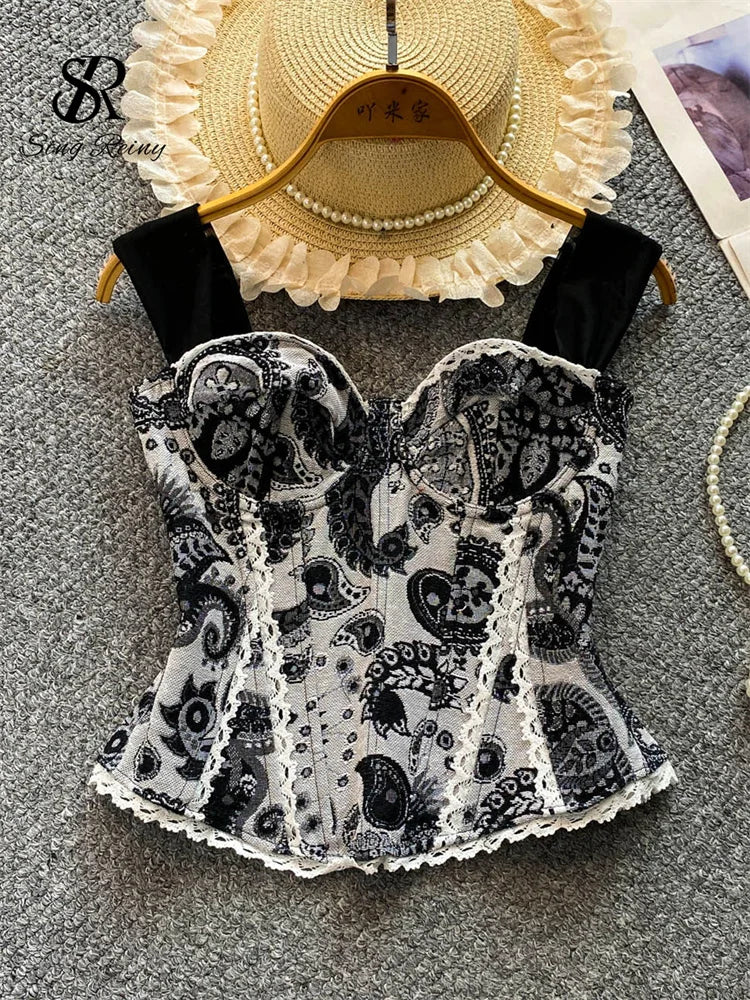 Vintage Floral Lace Spliced Camisole Tank Top for Women