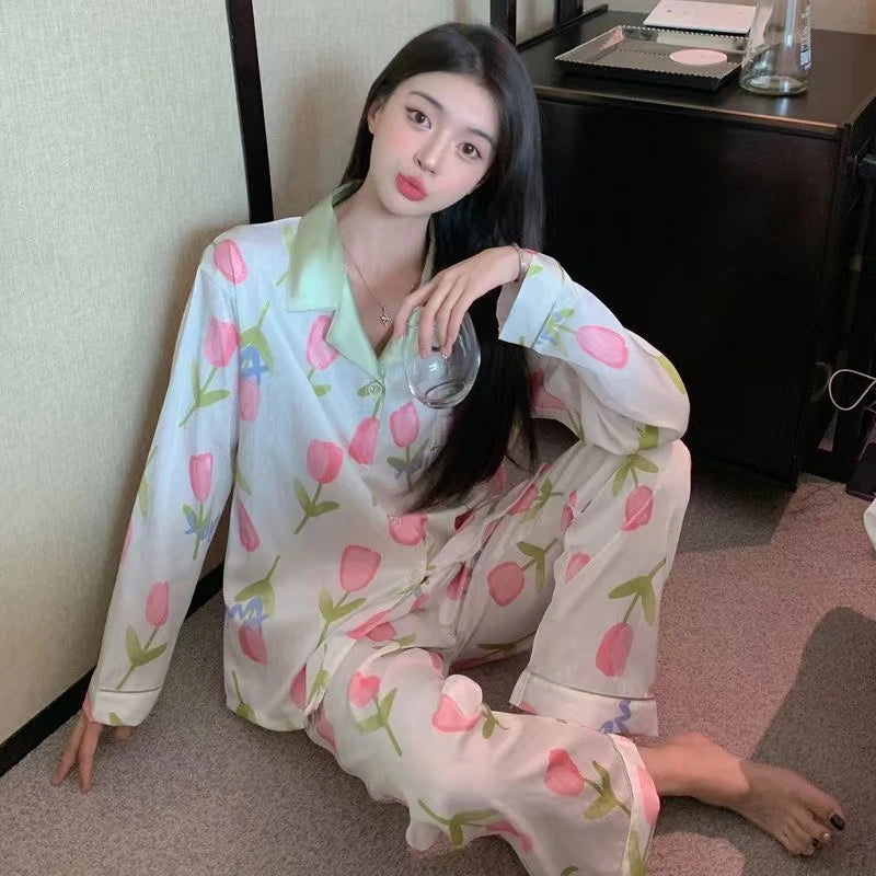 Flowers Twill Print Classy Women's Pajamas Spring Autumn Two-piece Sets Long Female Lounges Simulated Silk 2024 New Y2k Homewear