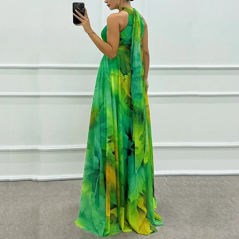Elegant Lace Up Pleated Boho Print Evening Dress for Women