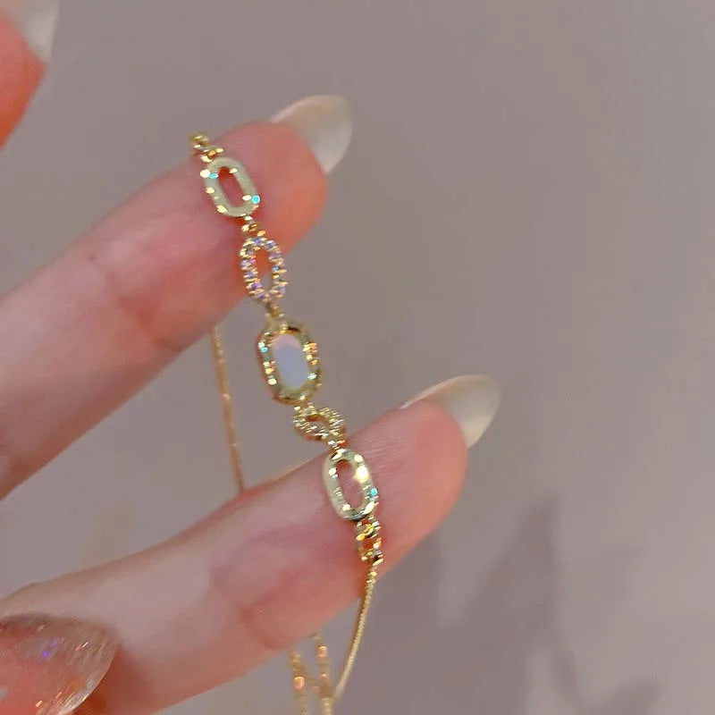 Gold Tone Square Opal Chain Bracelet