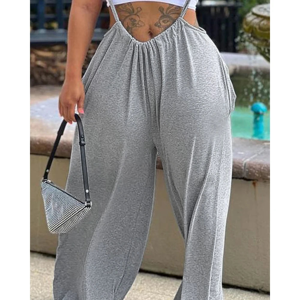 2025 Fashion Women Plain Wide Leg Suspender Jumpsuit Femme Fold Tied Detail Casual Overalls Summer Solid Sporty Pants Clothes