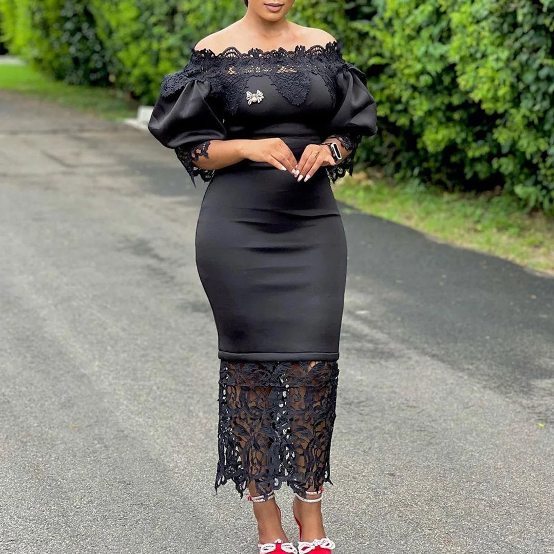 Elegant Dresses for Woman Off the Shoulder Lantern Sleeve Lace Patchwork Sheath Package Hips Ankle Length Luxury Birthday Dress