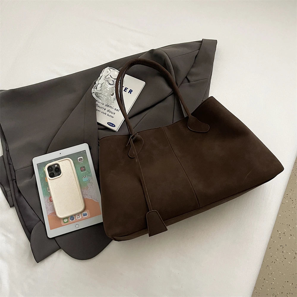 Luxurious Faux Suede Pure Color Retro Shoulder Tote Bag for Women