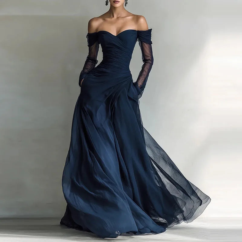 Women's Elegant Mesh Splicing Draped Long Dress Casual Long Sleeve Solid Maxi Dress Sexy Off Shoulder Waist Formal Party Dress