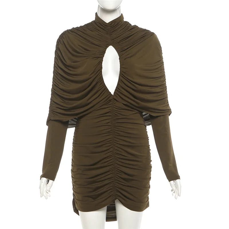 Hollow Out Shirring Turtleneck Long Sleeve Bodycon Mini Dress for Women