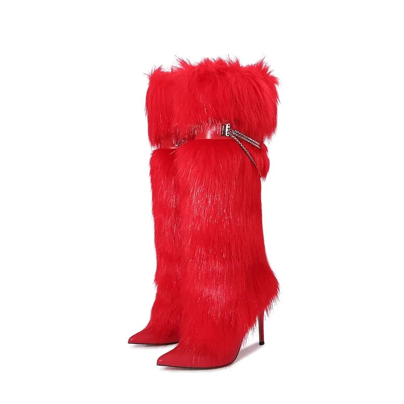 Elegant Faux Fur Knee High Stiletto Boots for Women