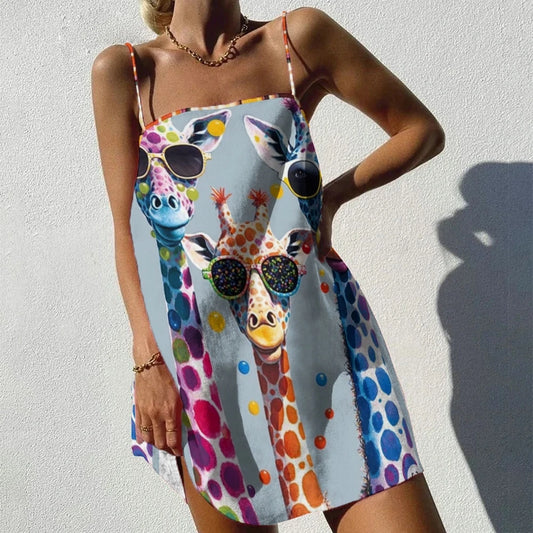 Cartoon Giraffe Print Suspender Skirt Fun Chic Casual Vest Skirt Women Loose High Quality Soft Holiday Dress Hip Hop Style