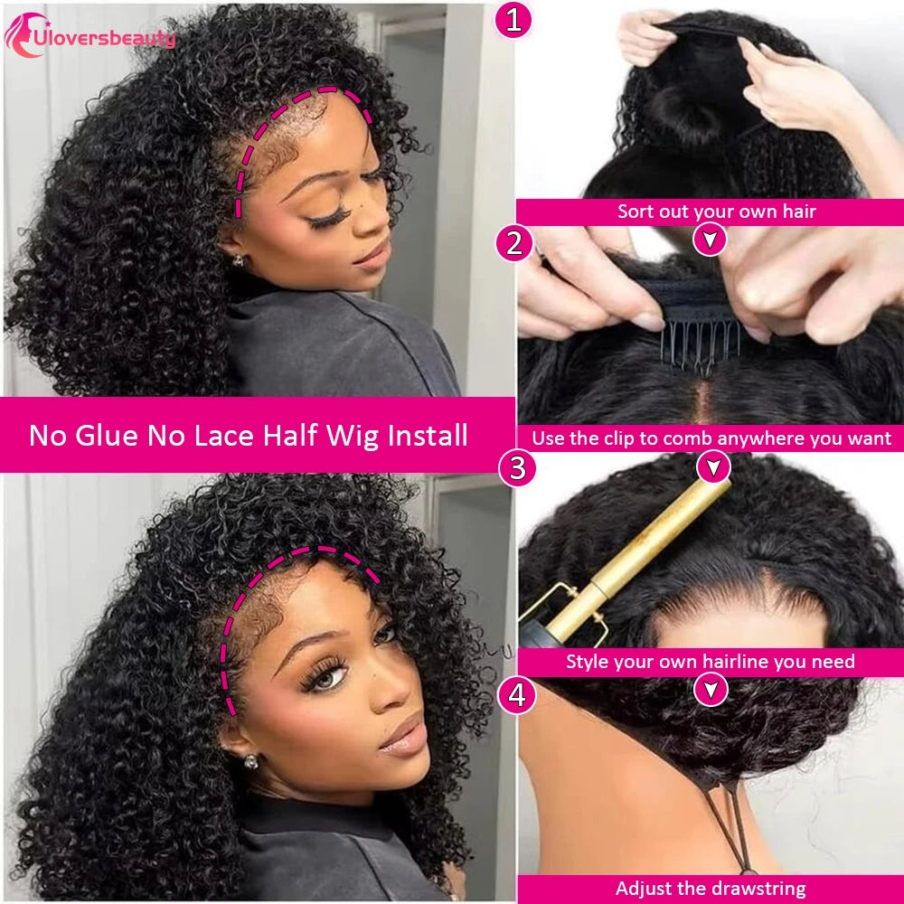 Curly Human Hair Half Wig With Glueless Cap for Women