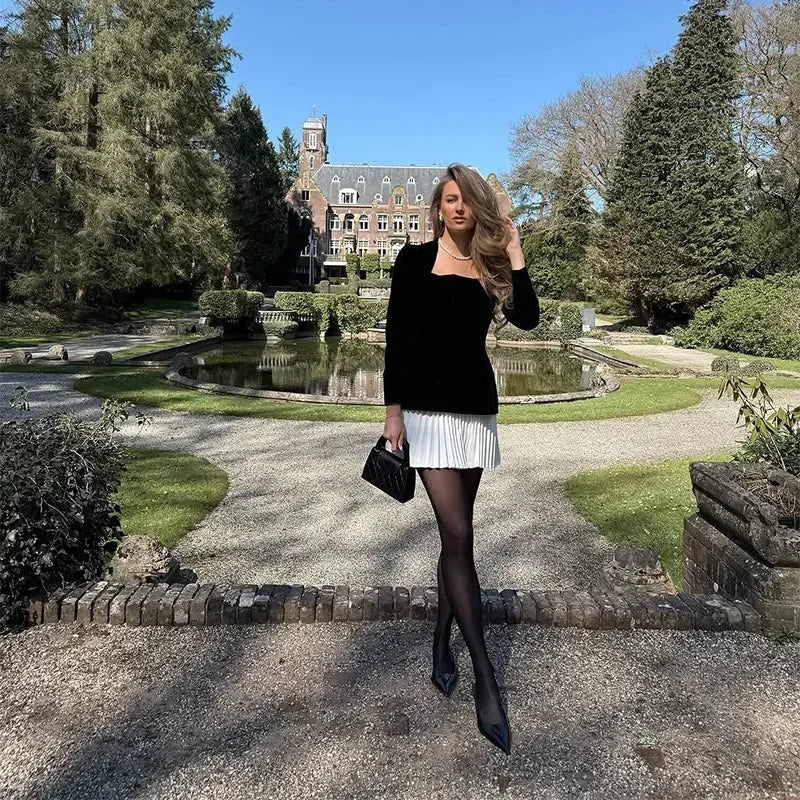 Elegant Splicing Velvet Women Pleated Skirt Chic Long Sleeved Waist Slimming Square Neck Dress Lady Party Vacation Dresses