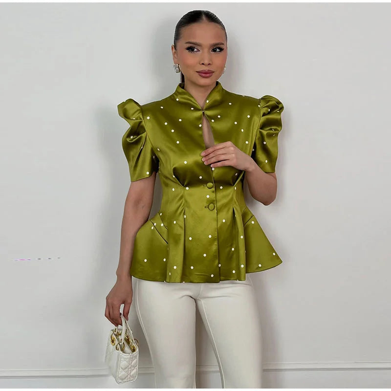 Elegant Printed Puff Sleeve Stand Collar Shirt for Women