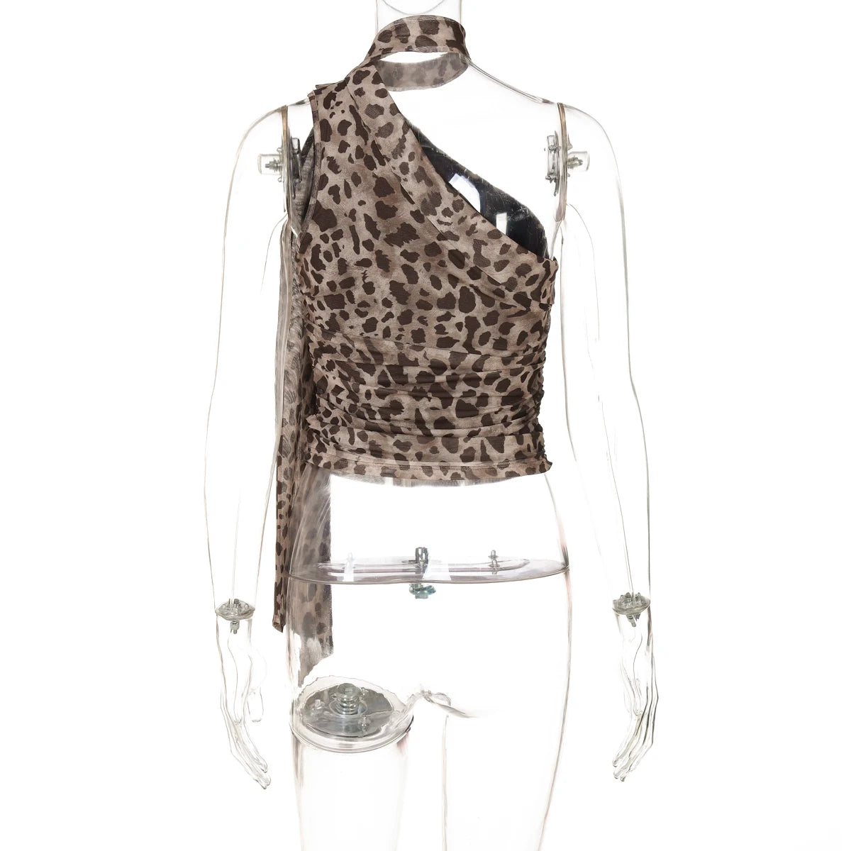 Leopard Print One Shoulder Slim Crop Tank Top for Women