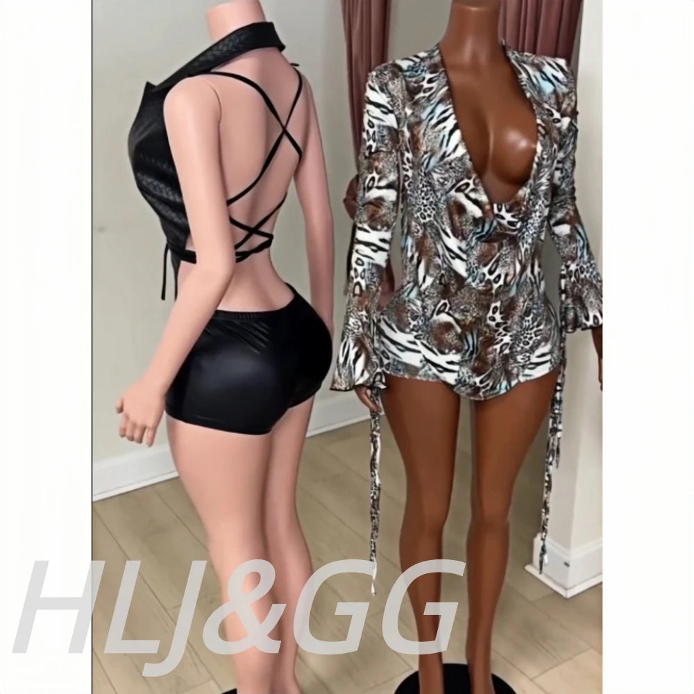 Sleek Black Leather Sleeveless Backless Two Piece Set for Women