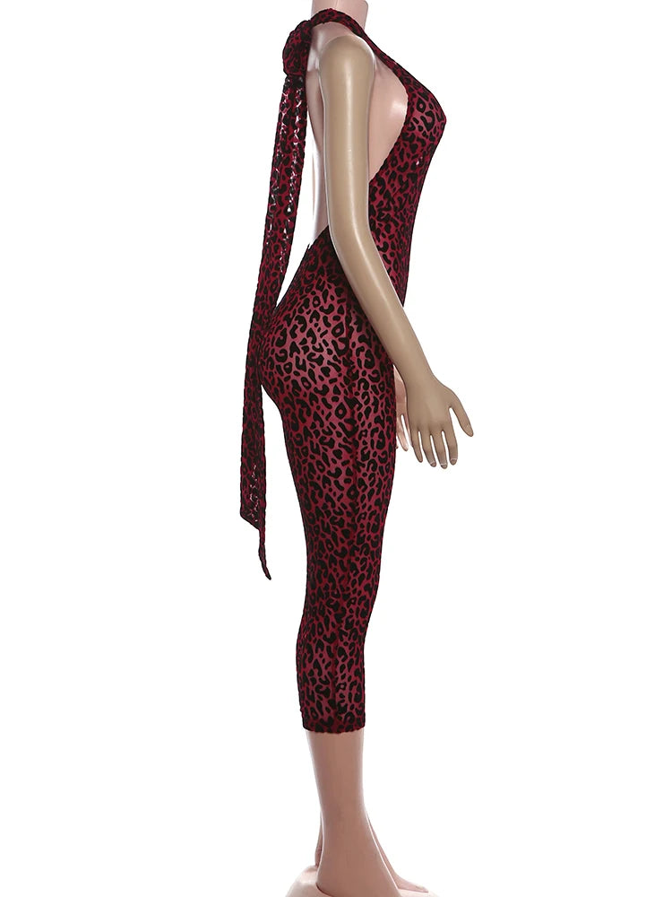 Leopard Print Backless Sleeveless Halter Romper for Women