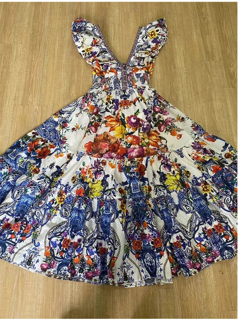 Deep V Neck Print Midi Dress
